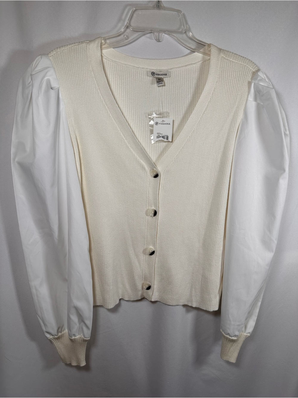 Versona White Cream Ribbed Knit Cardigan Puff Sleeve Top M NWT
